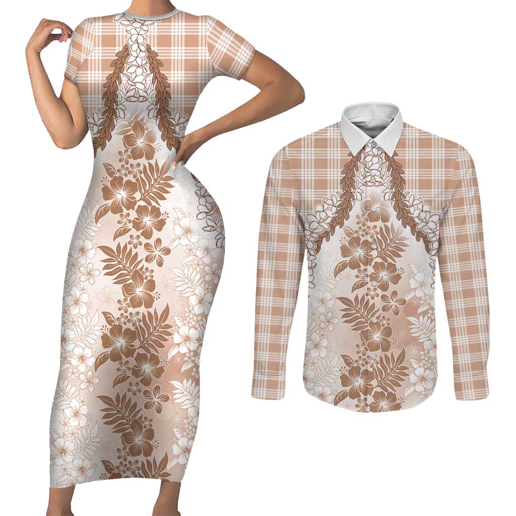 Aloha Hawaii Palaka Couples Matching Short Sleeve Bodycon Dress and Long Sleeve Button Shirt Beige Plumeria Lei LT05 Beige - Polynesian Pride