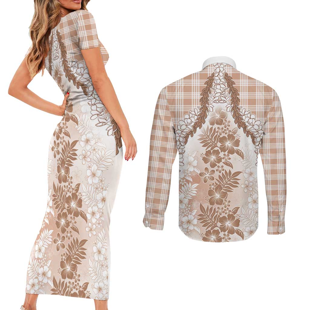 Aloha Hawaii Palaka Couples Matching Short Sleeve Bodycon Dress and Long Sleeve Button Shirt Beige Plumeria Lei LT05 - Polynesian Pride