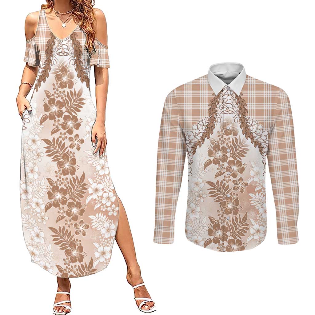 Aloha Hawaii Palaka Couples Matching Summer Maxi Dress and Long Sleeve Button Shirt Beige Plumeria Lei LT05 Beige - Polynesian Pride