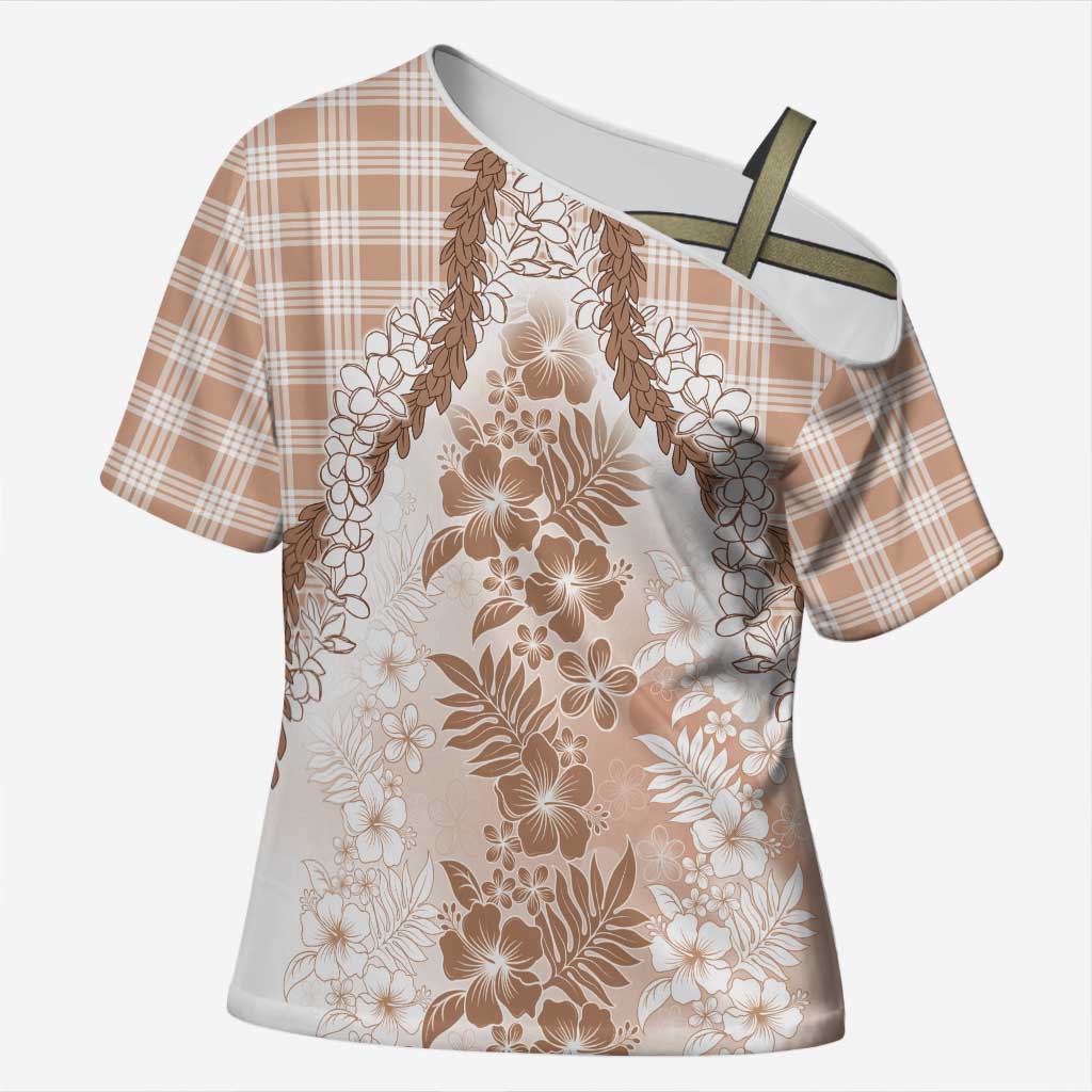 Aloha Hawaii Palaka Cross Shoulder Shirt Beige Plumeria Lei - Polynesian Pride