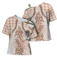 Aloha Hawaii Palaka Cross Shoulder Shirt Beige Plumeria Lei - Polynesian Pride