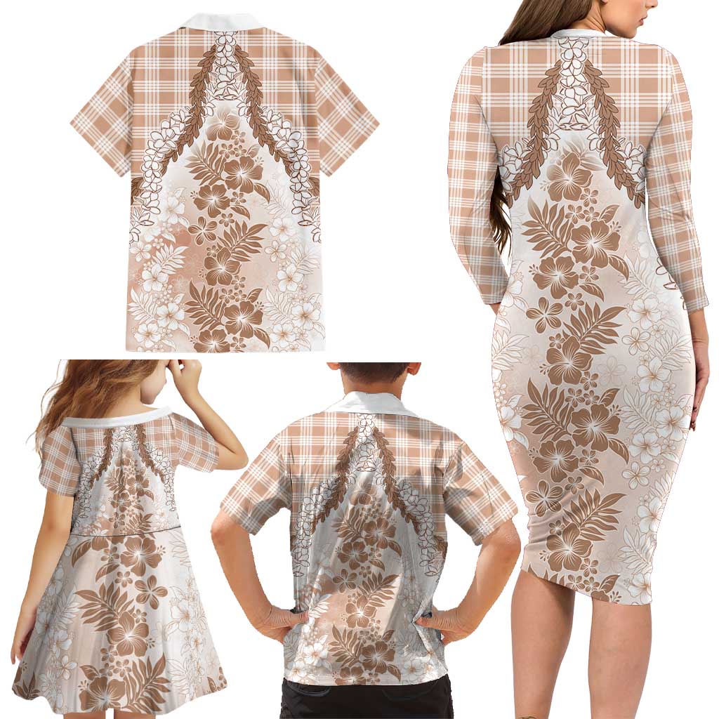 Aloha Hawaii Palaka Family Matching Long Sleeve Bodycon Dress and Hawaiian Shirt Beige Plumeria Lei LT05 - Polynesian Pride