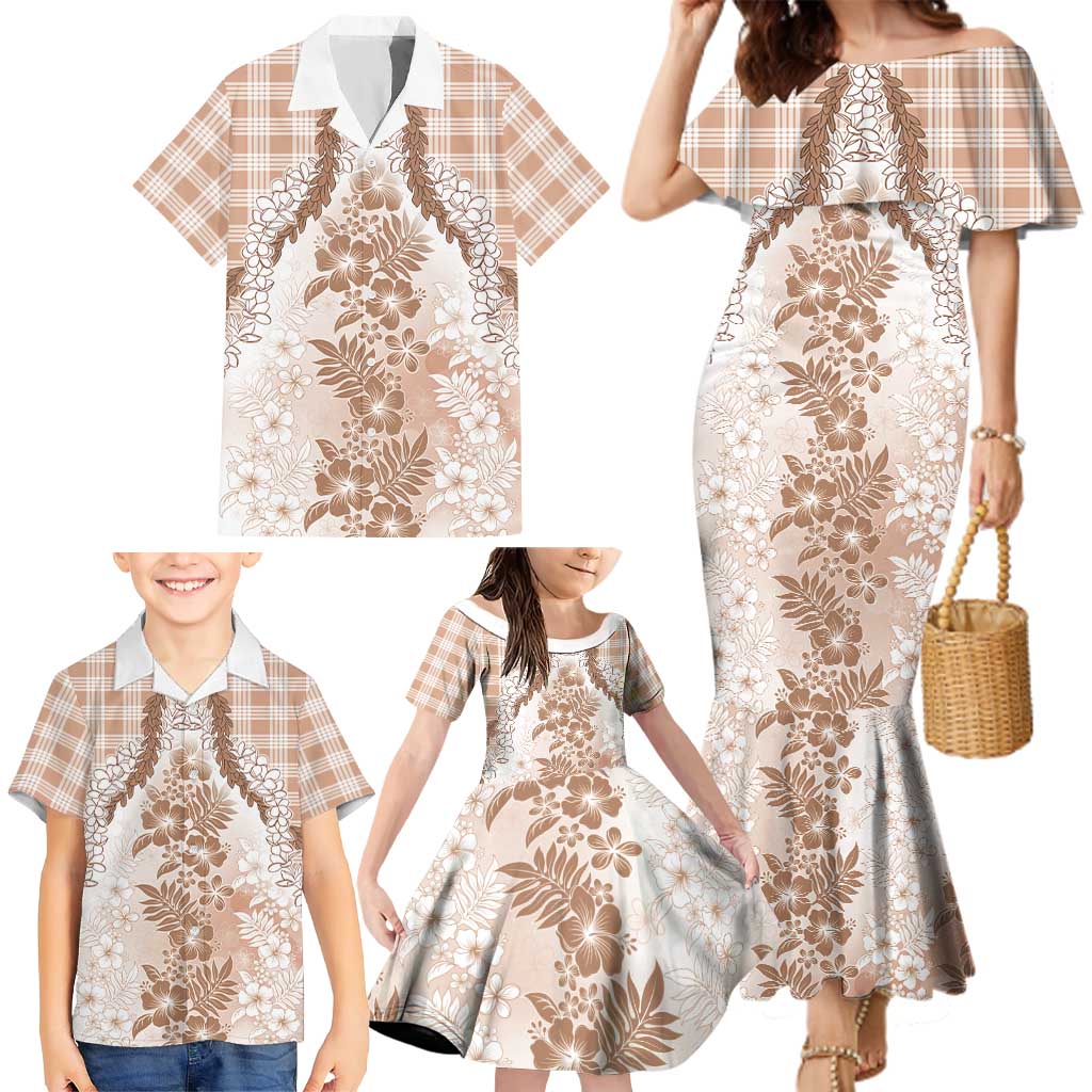 Aloha Hawaii Palaka Family Matching Mermaid Dress and Hawaiian Shirt Beige Plumeria Lei LT05 - Polynesian Pride