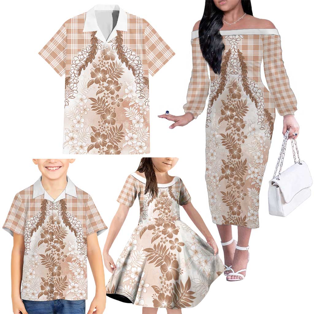 Aloha Hawaii Palaka Family Matching Off The Shoulder Long Sleeve Dress and Hawaiian Shirt Beige Plumeria Lei LT05 - Polynesian Pride