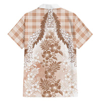 Aloha Hawaii Palaka Family Matching Off The Shoulder Long Sleeve Dress and Hawaiian Shirt Beige Plumeria Lei LT05 - Polynesian Pride