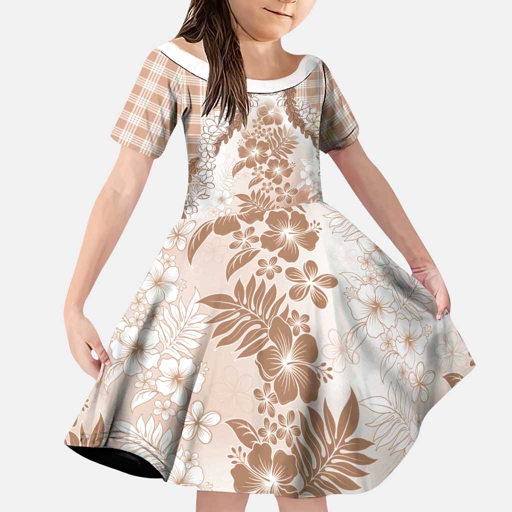 Aloha Hawaii Palaka Family Matching Off Shoulder Maxi Dress and Hawaiian Shirt Beige Plumeria Lei LT05 Daughter's Dress Beige - Polynesian Pride