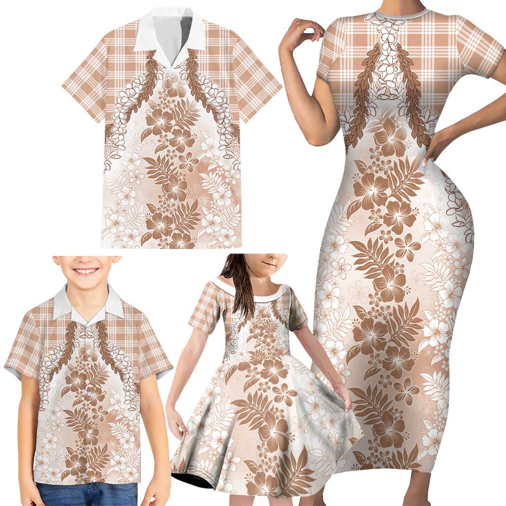 Aloha Hawaii Palaka Family Matching Short Sleeve Bodycon Dress and Hawaiian Shirt Beige Plumeria Lei LT05 - Polynesian Pride