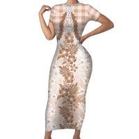 Aloha Hawaii Palaka Family Matching Short Sleeve Bodycon Dress and Hawaiian Shirt Beige Plumeria Lei LT05 Mom's Dress Beige - Polynesian Pride