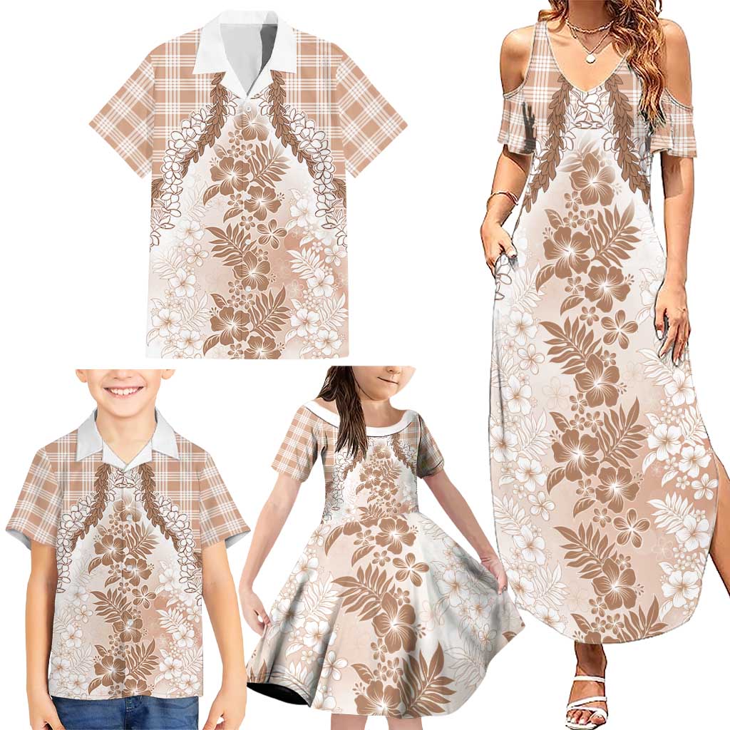 Aloha Hawaii Palaka Family Matching Summer Maxi Dress and Hawaiian Shirt Beige Plumeria Lei LT05 - Polynesian Pride