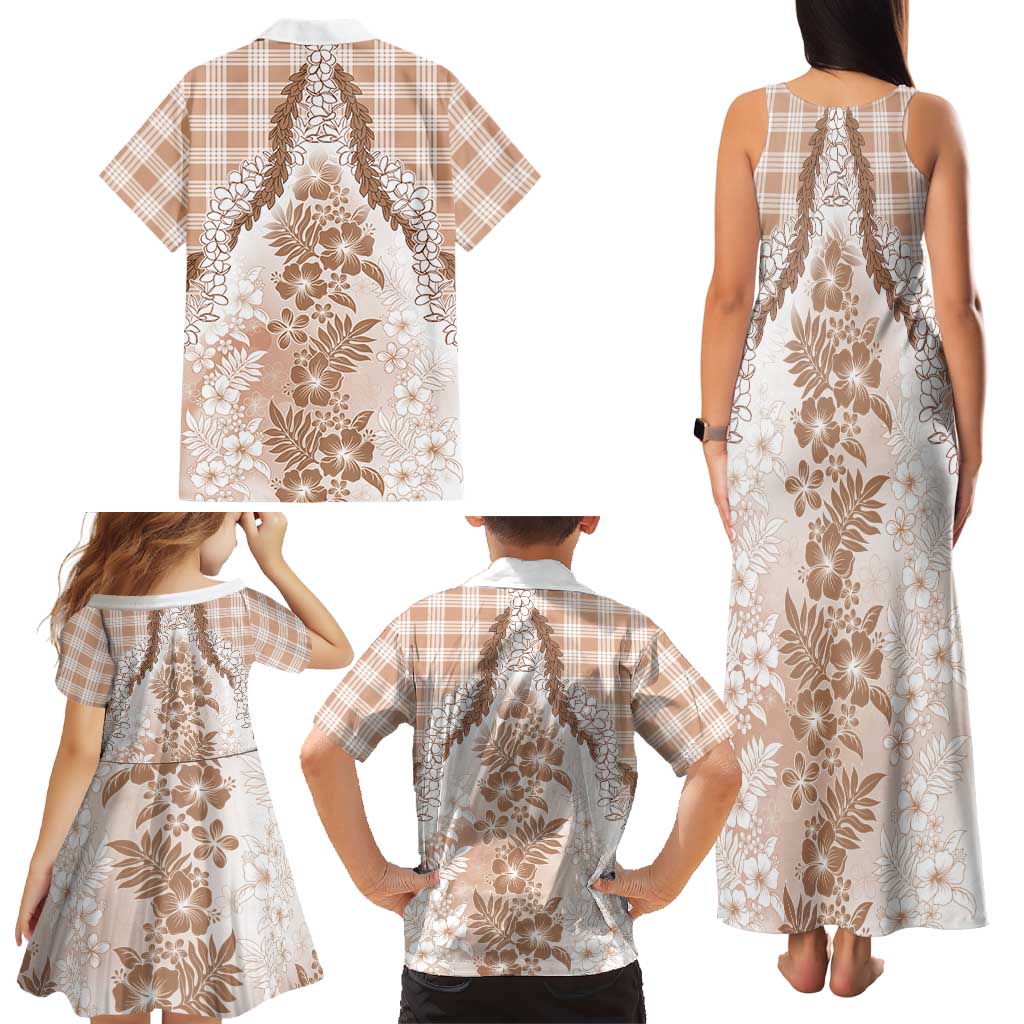 Aloha Hawaii Palaka Family Matching Tank Maxi Dress and Hawaiian Shirt Beige Plumeria Lei LT05 - Polynesian Pride