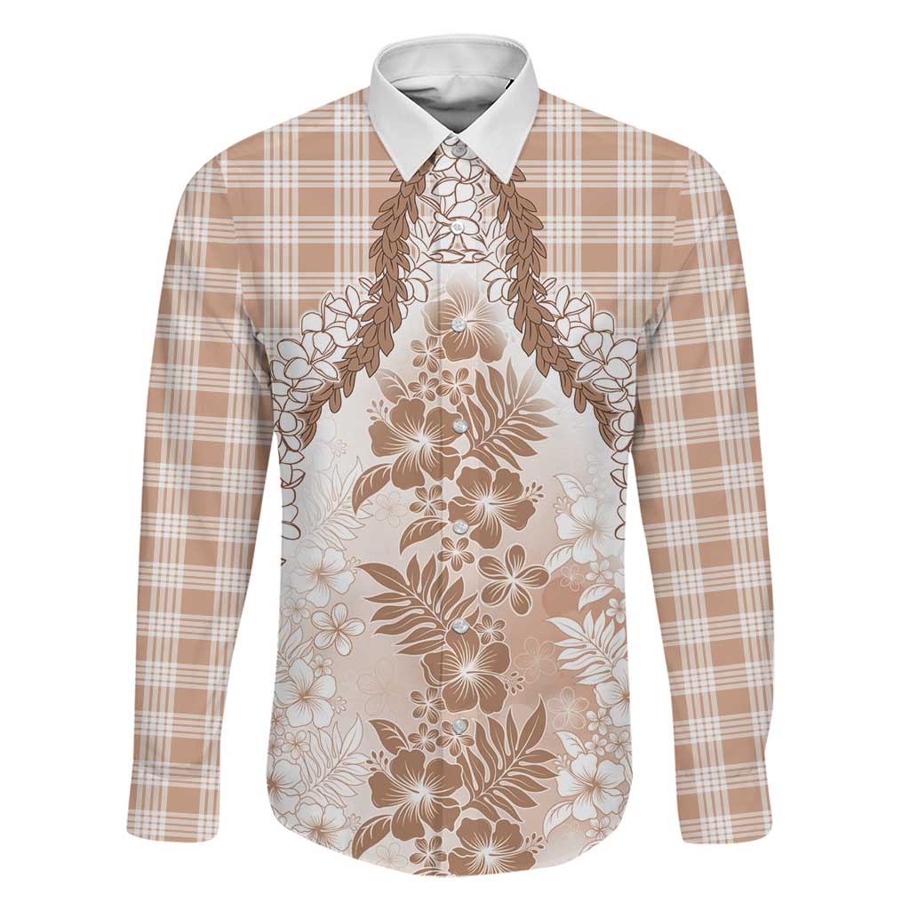 Aloha Hawaii Palaka Family Matching Tank Maxi Dress and Hawaiian Shirt Beige Plumeria Lei LT05 Dad's Shirt - Long Sleeve Beige - Polynesian Pride