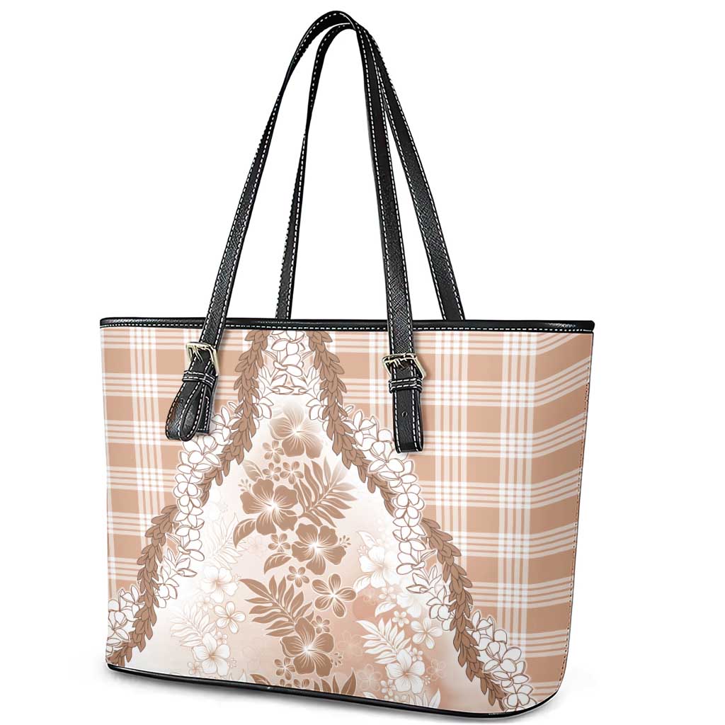 Aloha Hawaii Palaka Leather Tote Bag Beige Plumeria Lei - Polynesian Pride