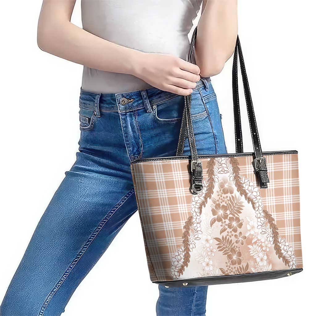 Aloha Hawaii Palaka Leather Tote Bag Beige Plumeria Lei - Polynesian Pride