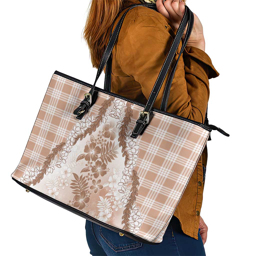 Aloha Hawaii Palaka Leather Tote Bag Beige Plumeria Lei - Polynesian Pride