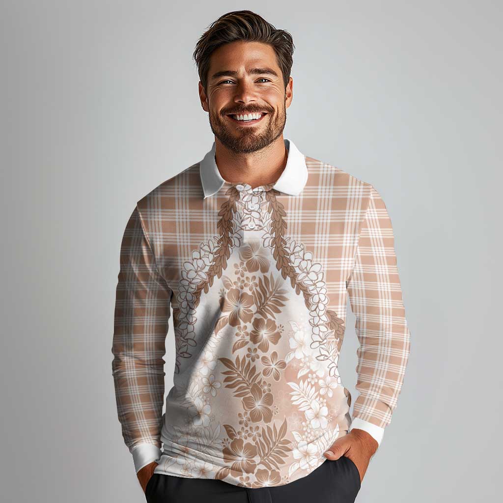 Aloha Hawaii Palaka Long Sleeve Polo Shirt Beige Plumeria Lei - Polynesian Pride