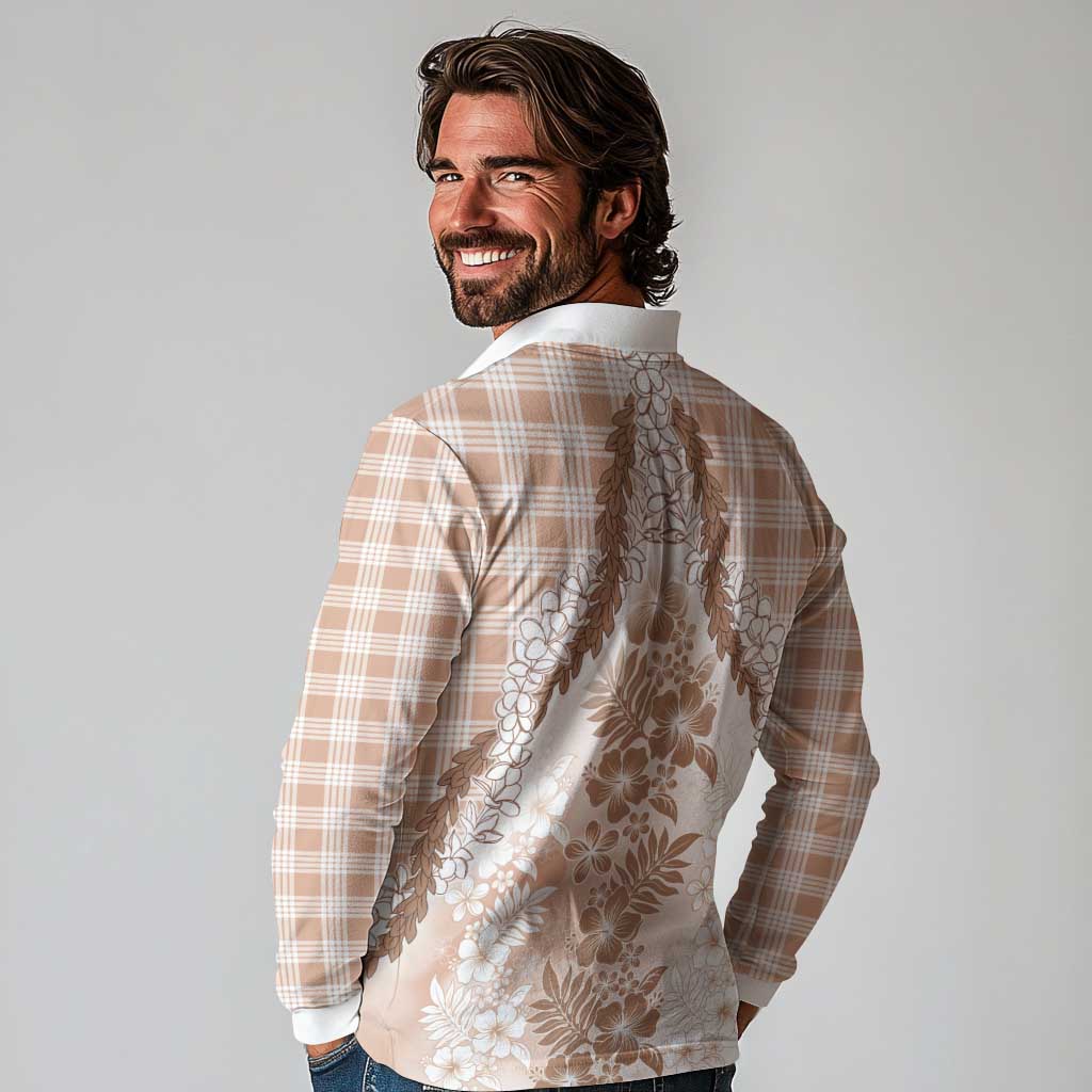 Aloha Hawaii Palaka Long Sleeve Polo Shirt Beige Plumeria Lei - Polynesian Pride