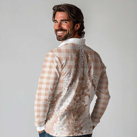 Aloha Hawaii Palaka Long Sleeve Polo Shirt Beige Plumeria Lei - Polynesian Pride
