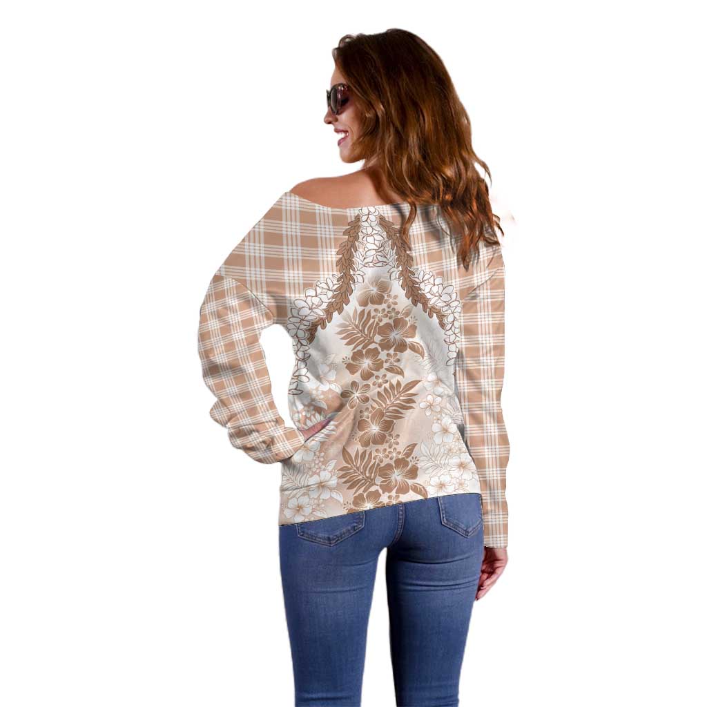 Aloha Hawaii Palaka Off Shoulder Sweater Beige Plumeria Lei - Polynesian Pride