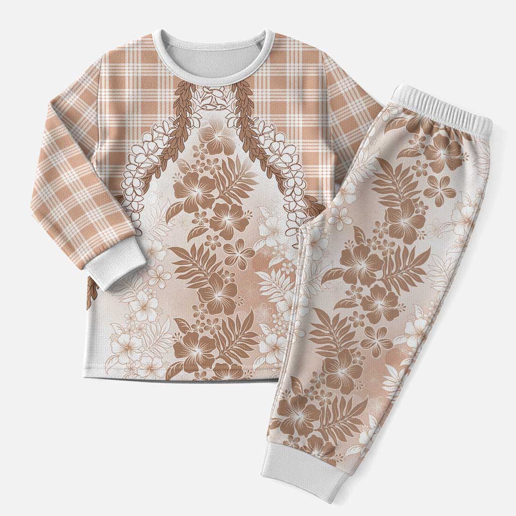 Aloha Hawaii Palaka Christmas Pajama Set Beige Plumeria Lei - Polynesian Pride
