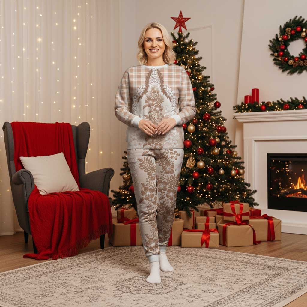 Aloha Hawaii Palaka Christmas Pajama Set Beige Plumeria Lei - Polynesian Pride