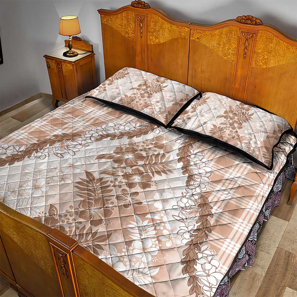 Aloha Hawaii Palaka Quilt Bed Set Beige Plumeria Lei - Polynesian Pride