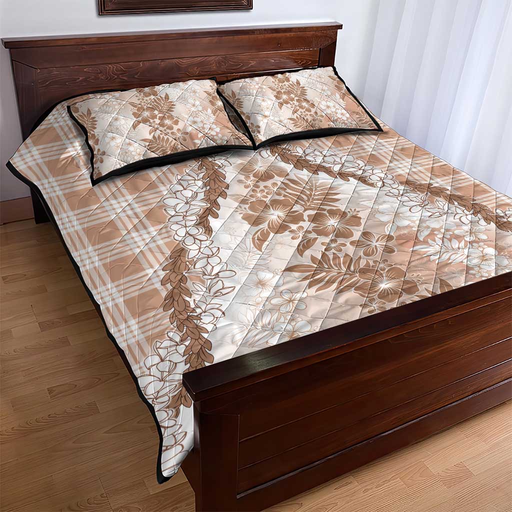 Aloha Hawaii Palaka Quilt Bed Set Beige Plumeria Lei - Polynesian Pride