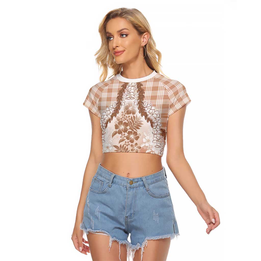 Aloha Hawaii Palaka Raglan Cropped T Shirt Beige Plumeria Lei - Polynesian Pride