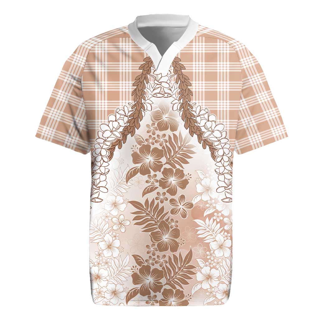 Aloha Hawaii Palaka Rugby Jersey Beige Plumeria Lei - Polynesian Pride