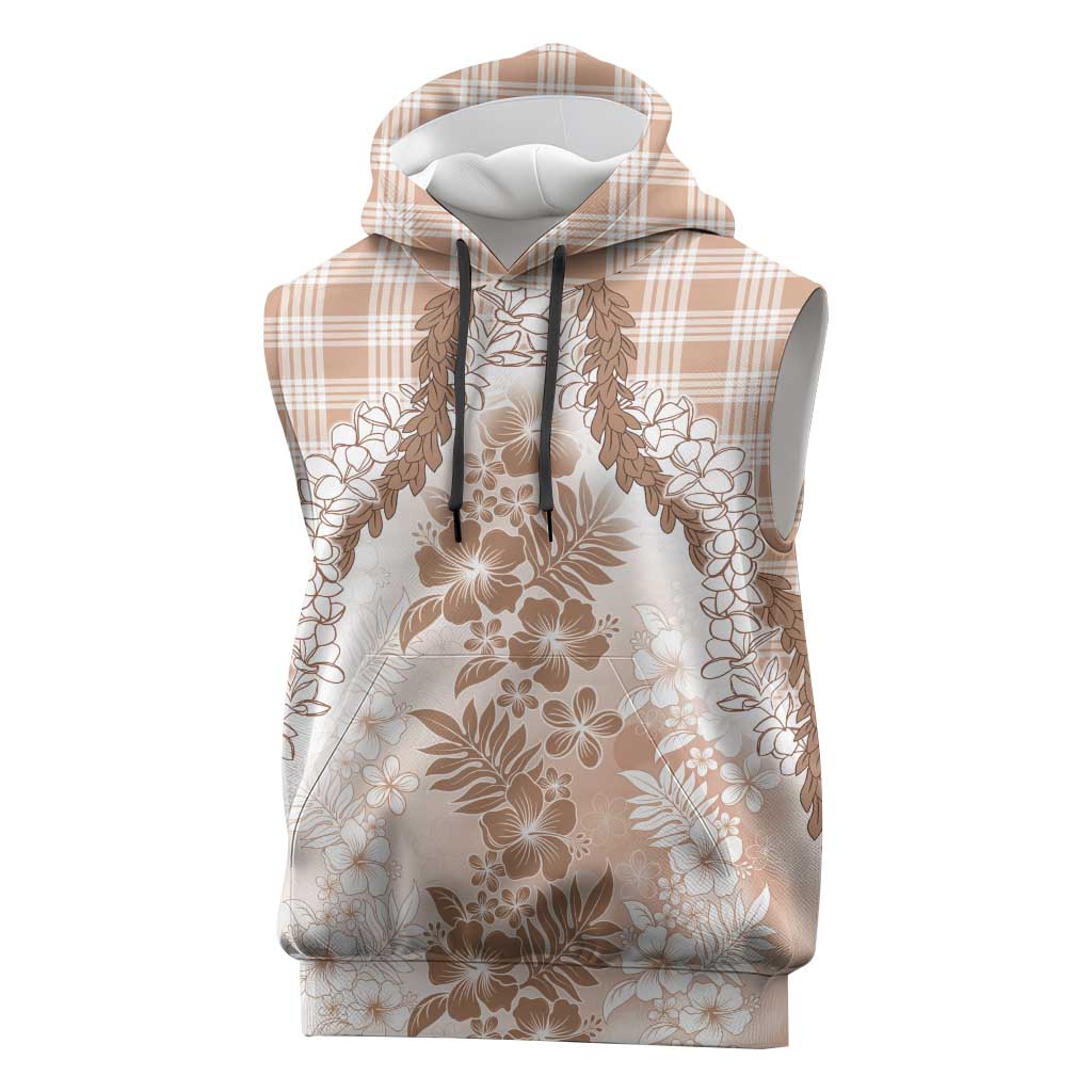 Aloha Hawaii Palaka Sleeveless Hoodie Beige Plumeria Lei - Polynesian Pride