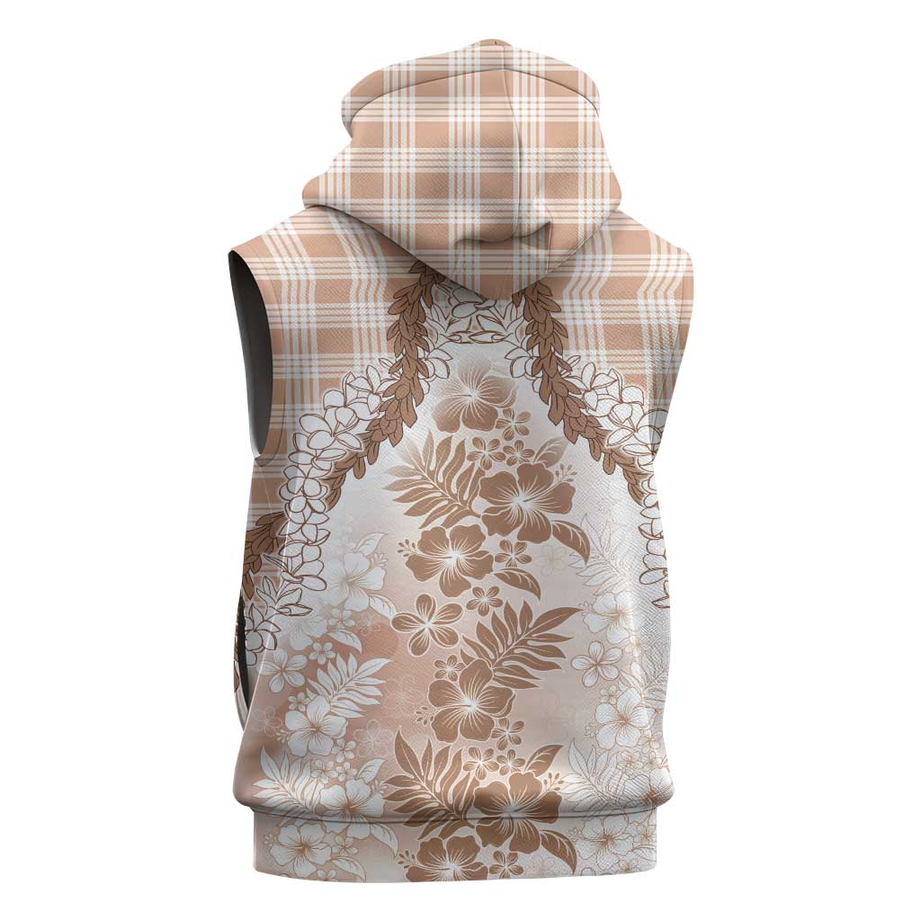 Aloha Hawaii Palaka Sleeveless Hoodie Beige Plumeria Lei - Polynesian Pride