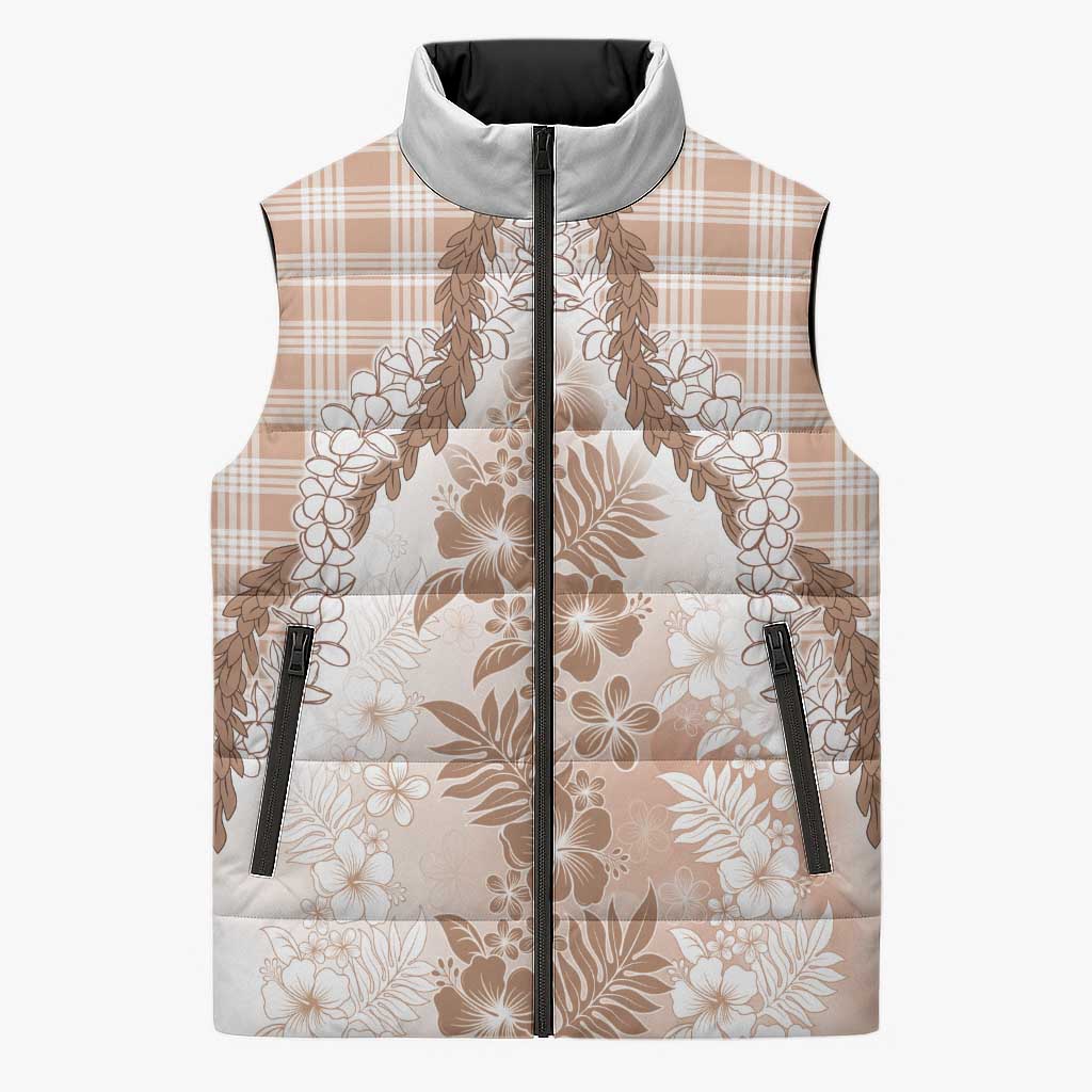 Aloha Hawaii Palaka Sleeveless Puffer Jacket Beige Plumeria Lei - Polynesian Pride