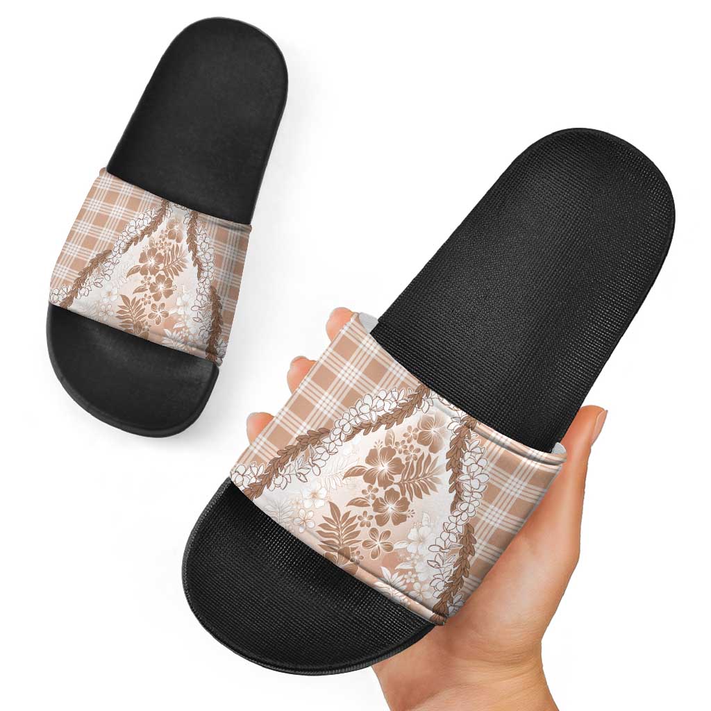 Aloha Hawaii Palaka Slide Sandals Beige Plumeria Lei - Polynesian Pride