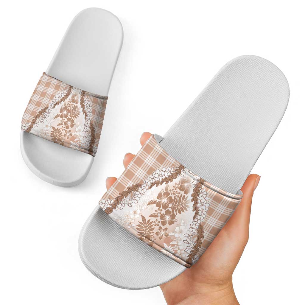 Aloha Hawaii Palaka Slide Sandals Beige Plumeria Lei - Polynesian Pride