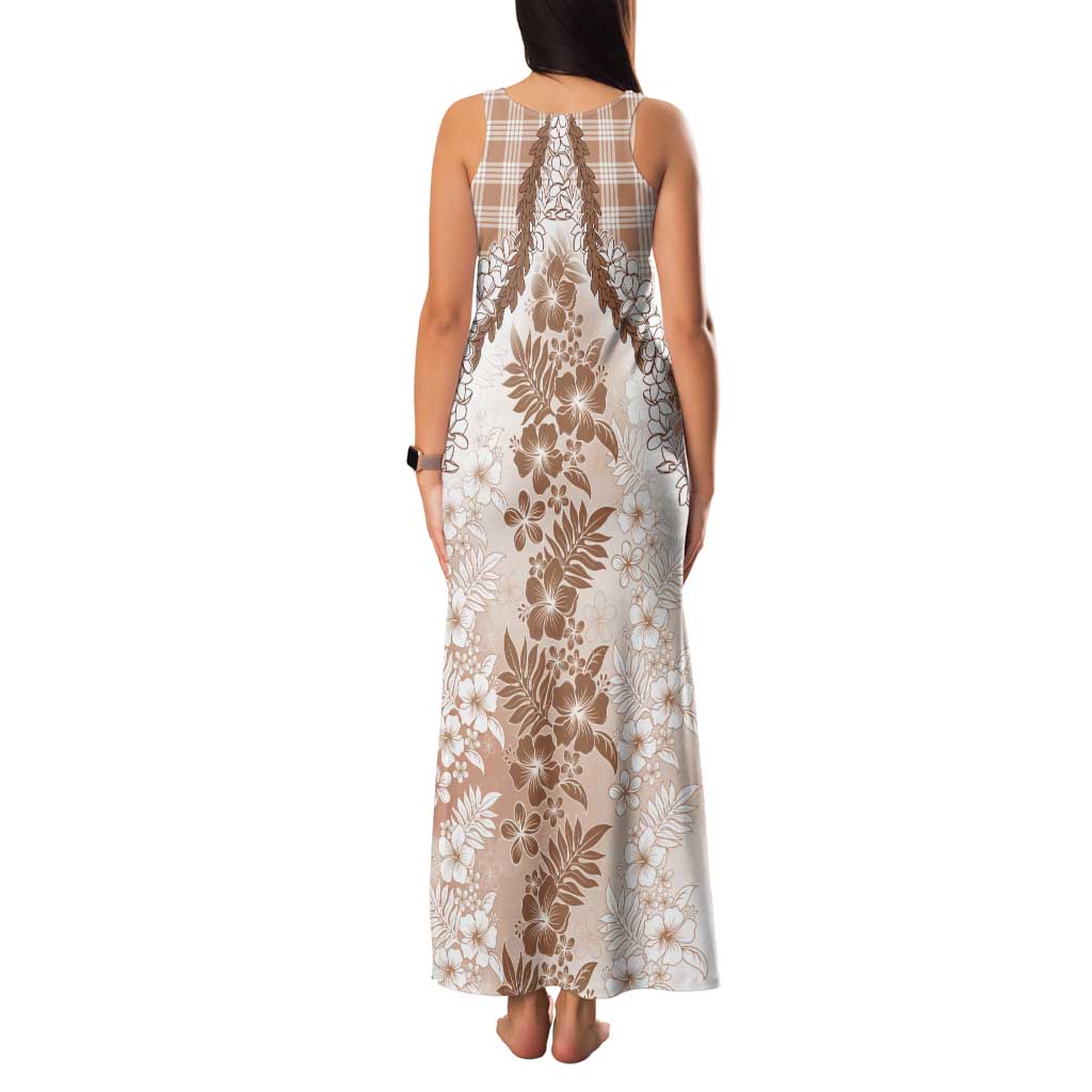 Aloha Hawaii Palaka Tank Maxi Dress Beige Plumeria Lei - Polynesian Pride