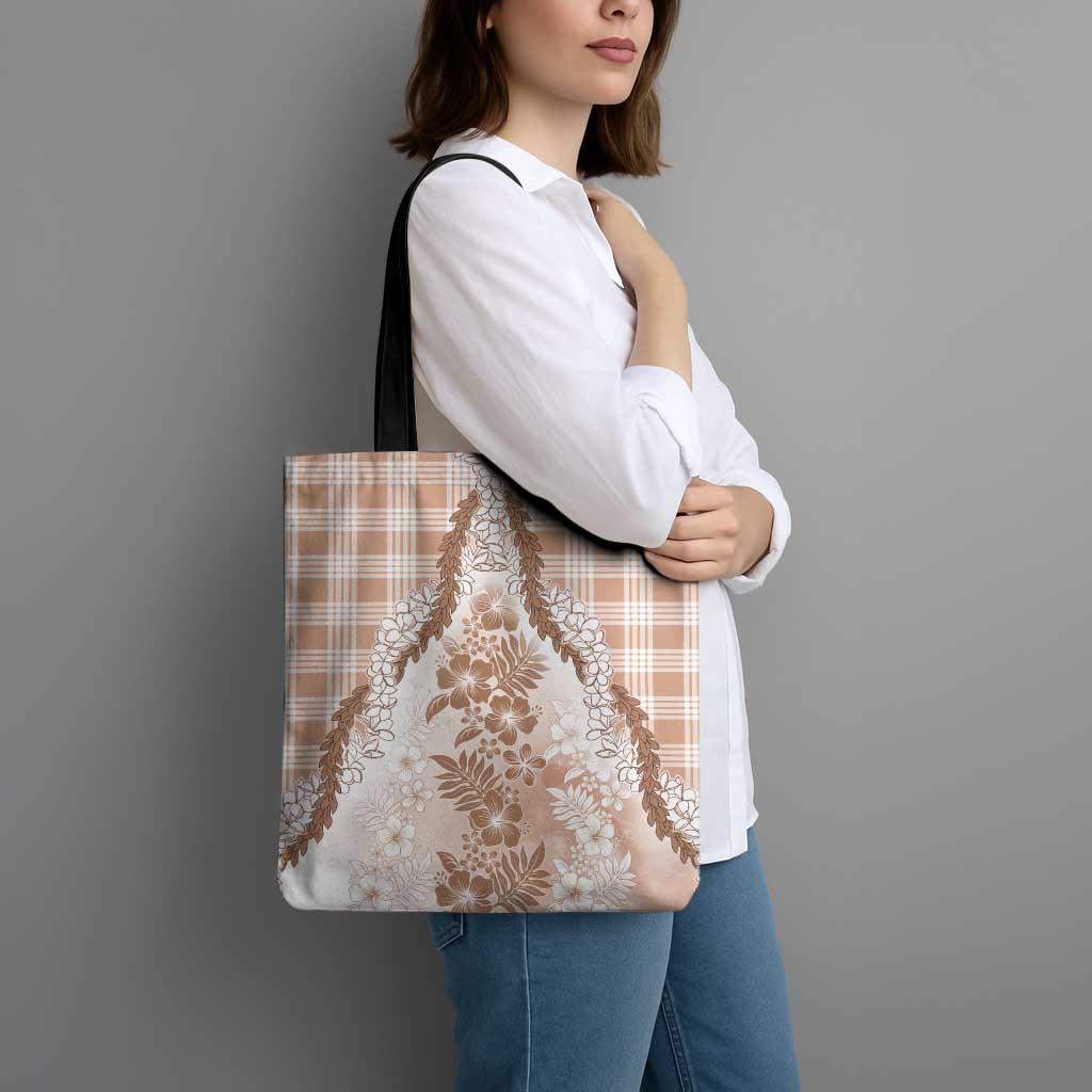 Aloha Hawaii Palaka Tote Bag Beige Plumeria Lei - Polynesian Pride