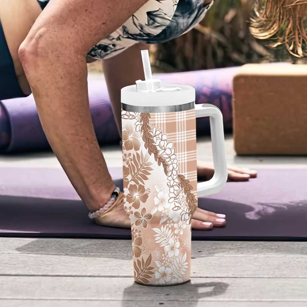Aloha Hawaii Palaka Tumbler With Handle Beige Plumeria Lei - Polynesian Pride