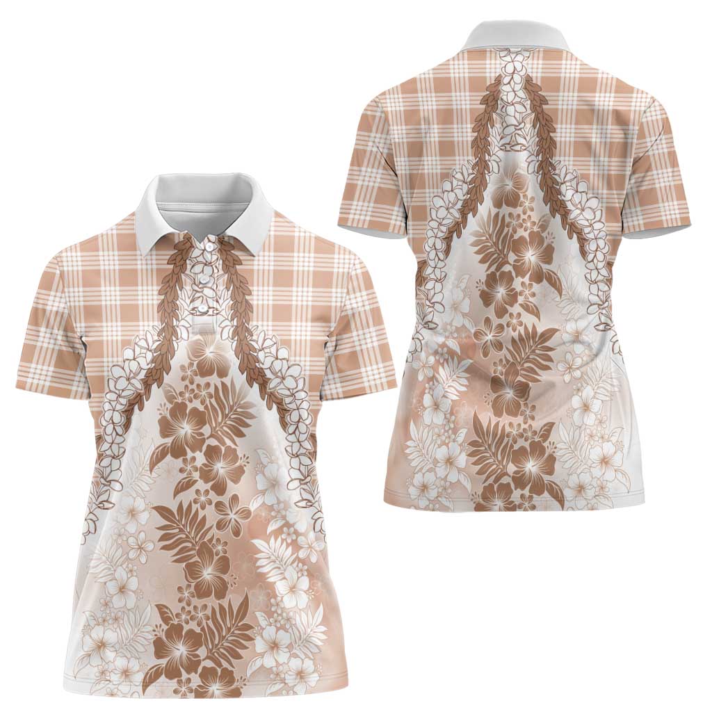 Aloha Hawaii Palaka Women Polo Shirt Beige Plumeria Lei - Polynesian Pride