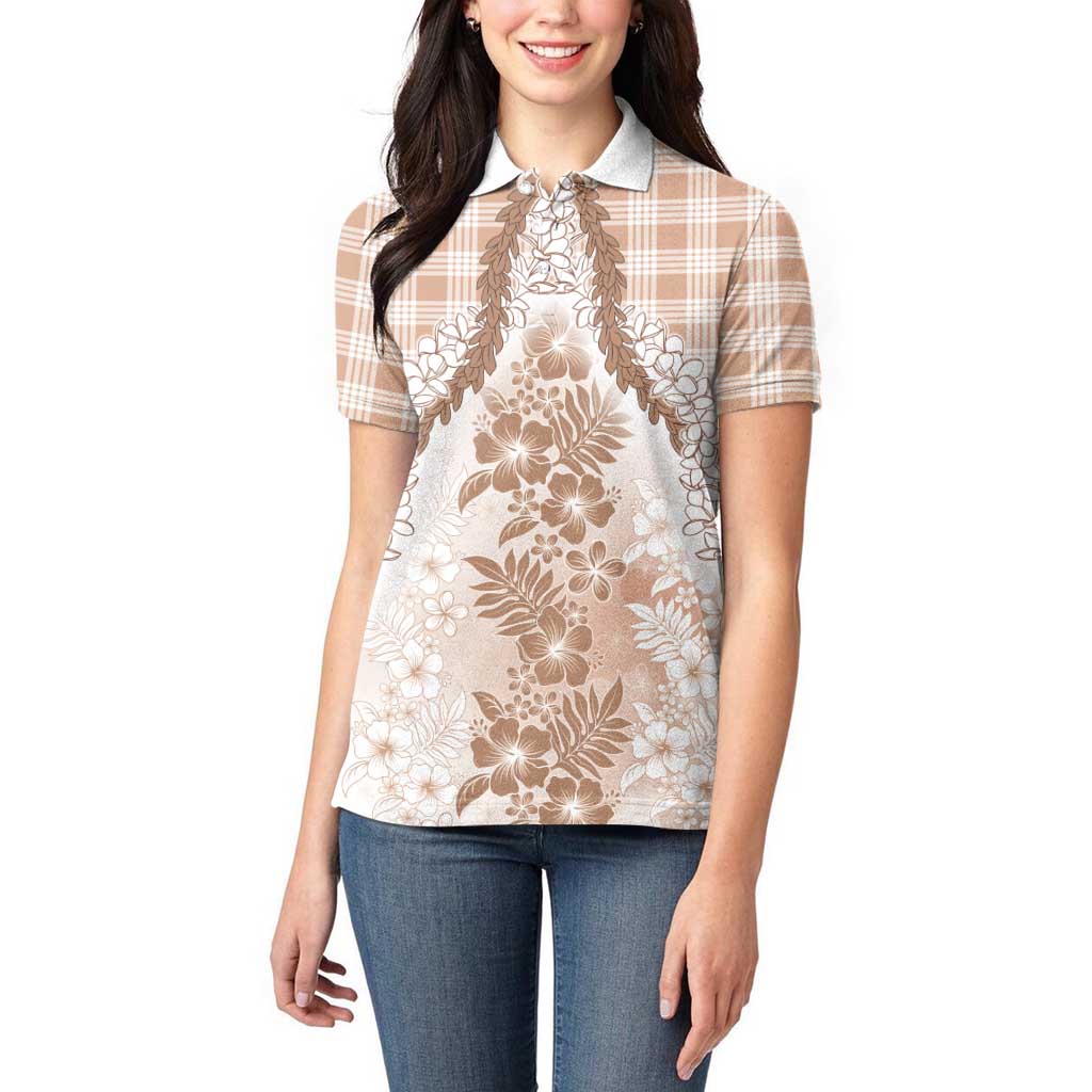Aloha Hawaii Palaka Women Polo Shirt Beige Plumeria Lei - Polynesian Pride