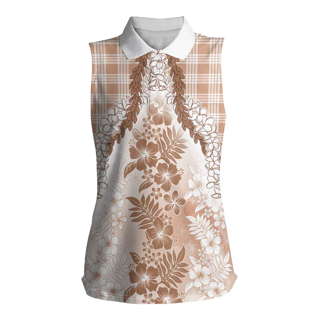 Aloha Hawaii Palaka Women Sleeveless Polo Shirt Beige Plumeria Lei - Polynesian Pride