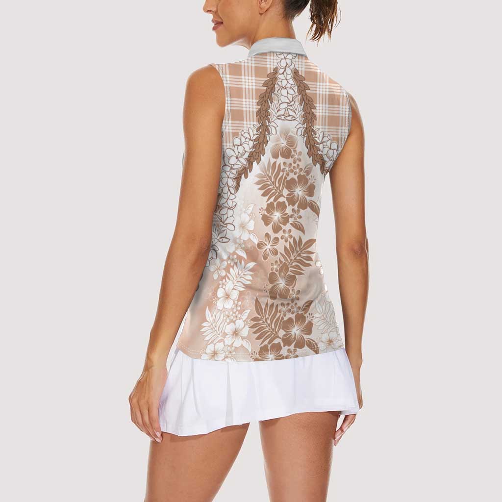 Aloha Hawaii Palaka Women Sleeveless Polo Shirt Beige Plumeria Lei - Polynesian Pride