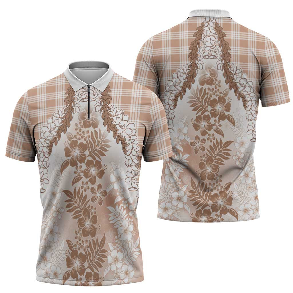 Aloha Hawaii Palaka Zipper Polo Shirt Beige Plumeria Lei - Polynesian Pride