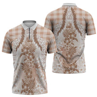 Aloha Hawaii Palaka Zipper Polo Shirt Beige Plumeria Lei - Polynesian Pride