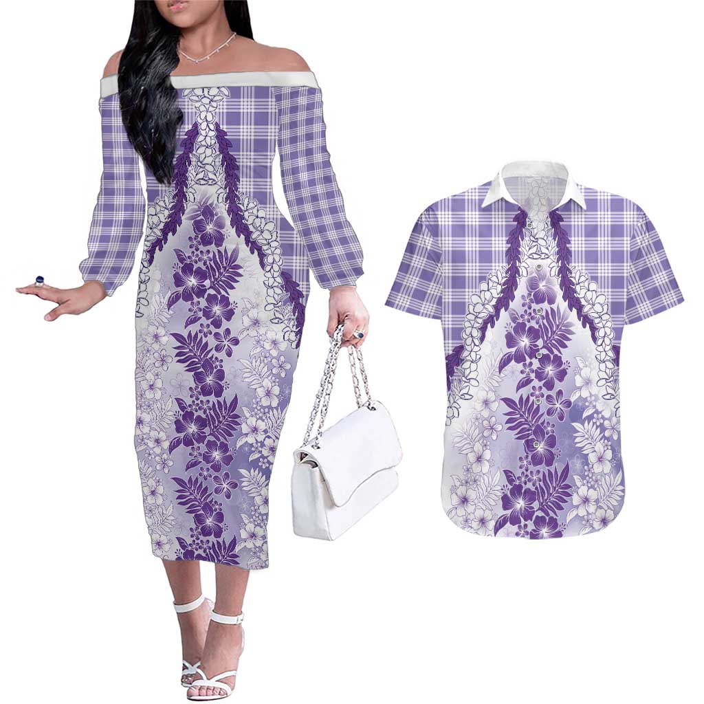 Aloha Hawaii Palaka Couples Matching Off The Shoulder Long Sleeve Dress and Hawaiian Shirt Purple Plumeria Lei LT05 Purple - Polynesian Pride