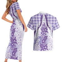 Aloha Hawaii Palaka Couples Matching Short Sleeve Bodycon Dress and Hawaiian Shirt Purple Plumeria Lei LT05 - Polynesian Pride