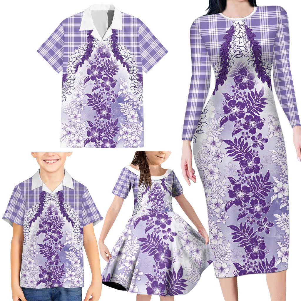 Aloha Hawaii Palaka Family Matching Long Sleeve Bodycon Dress and Hawaiian Shirt Purple Plumeria Lei LT05 - Polynesian Pride