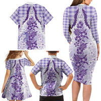 Aloha Hawaii Palaka Family Matching Long Sleeve Bodycon Dress and Hawaiian Shirt Purple Plumeria Lei LT05 - Polynesian Pride