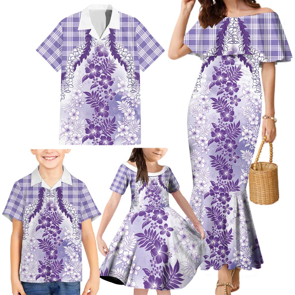 Aloha Hawaii Palaka Family Matching Mermaid Dress and Hawaiian Shirt Purple Plumeria Lei - Polynesian Pride