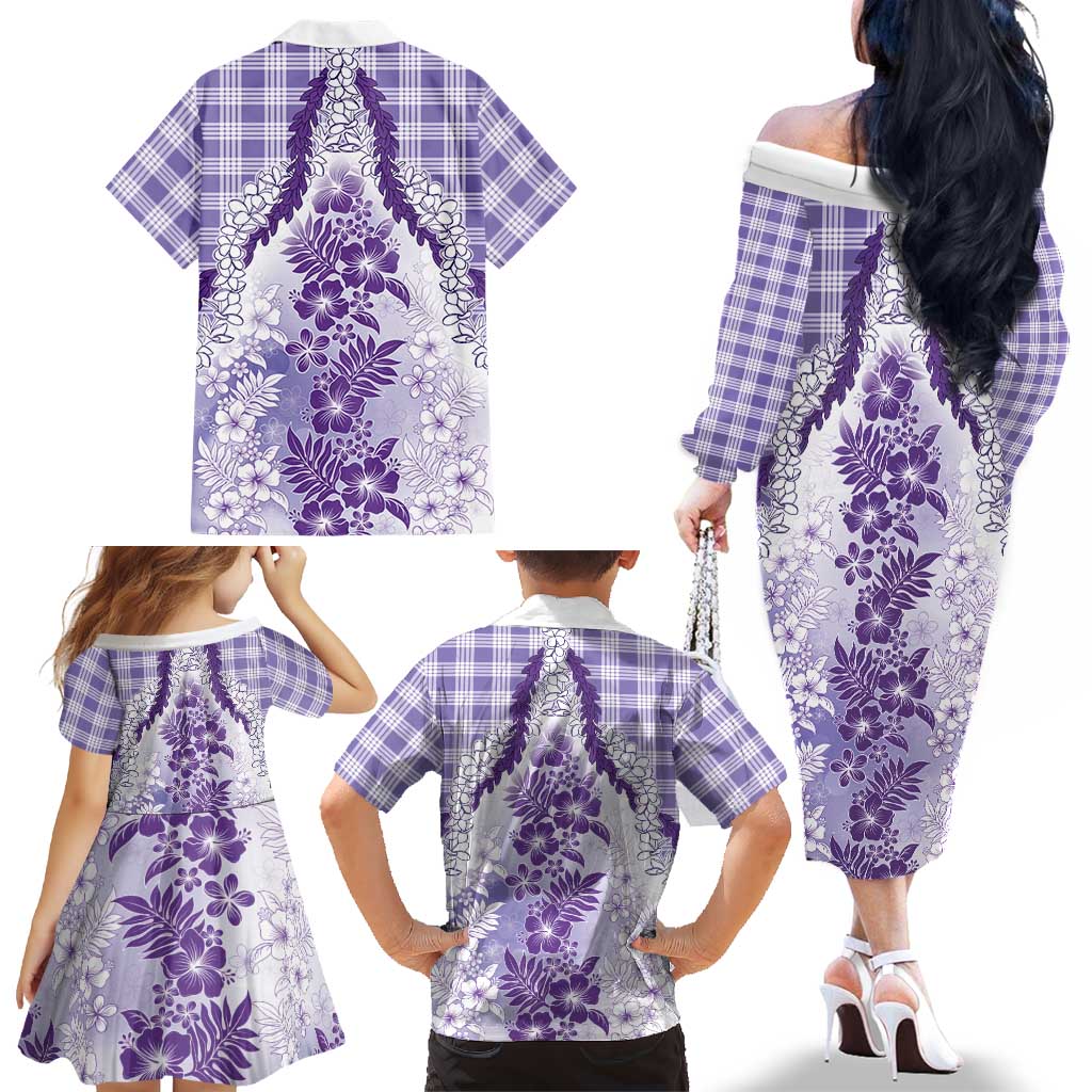Aloha Hawaii Palaka Family Matching Off The Shoulder Long Sleeve Dress and Hawaiian Shirt Purple Plumeria Lei LT05 - Polynesian Pride