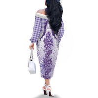 Aloha Hawaii Palaka Family Matching Off The Shoulder Long Sleeve Dress and Hawaiian Shirt Purple Plumeria Lei LT05 - Polynesian Pride