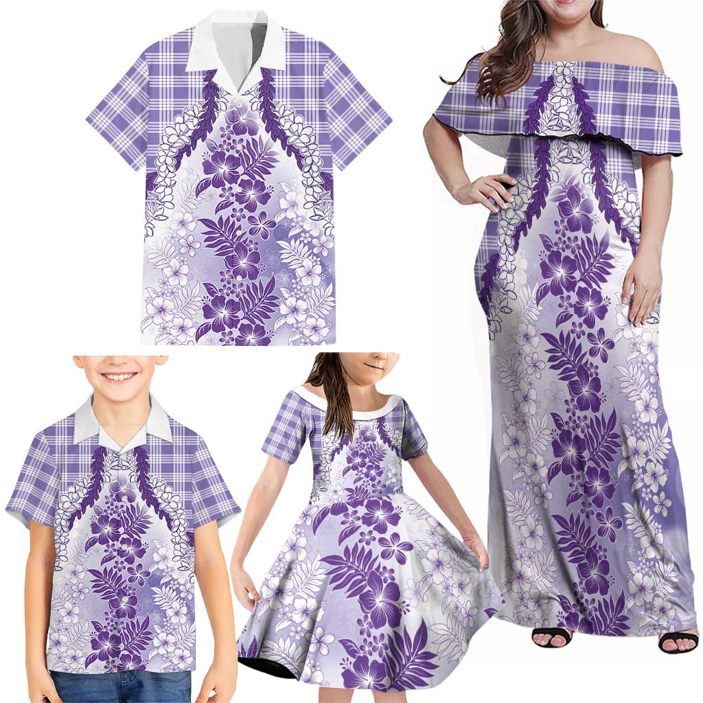 Aloha Hawaii Palaka Family Matching Off Shoulder Maxi Dress and Hawaiian Shirt Purple Plumeria Lei LT05 - Polynesian Pride